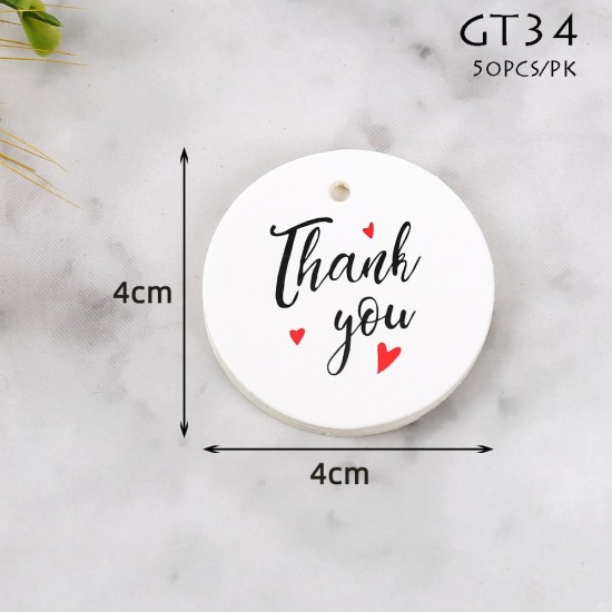 GT34 Round Kraft/White Printed Thank You Gift Tag